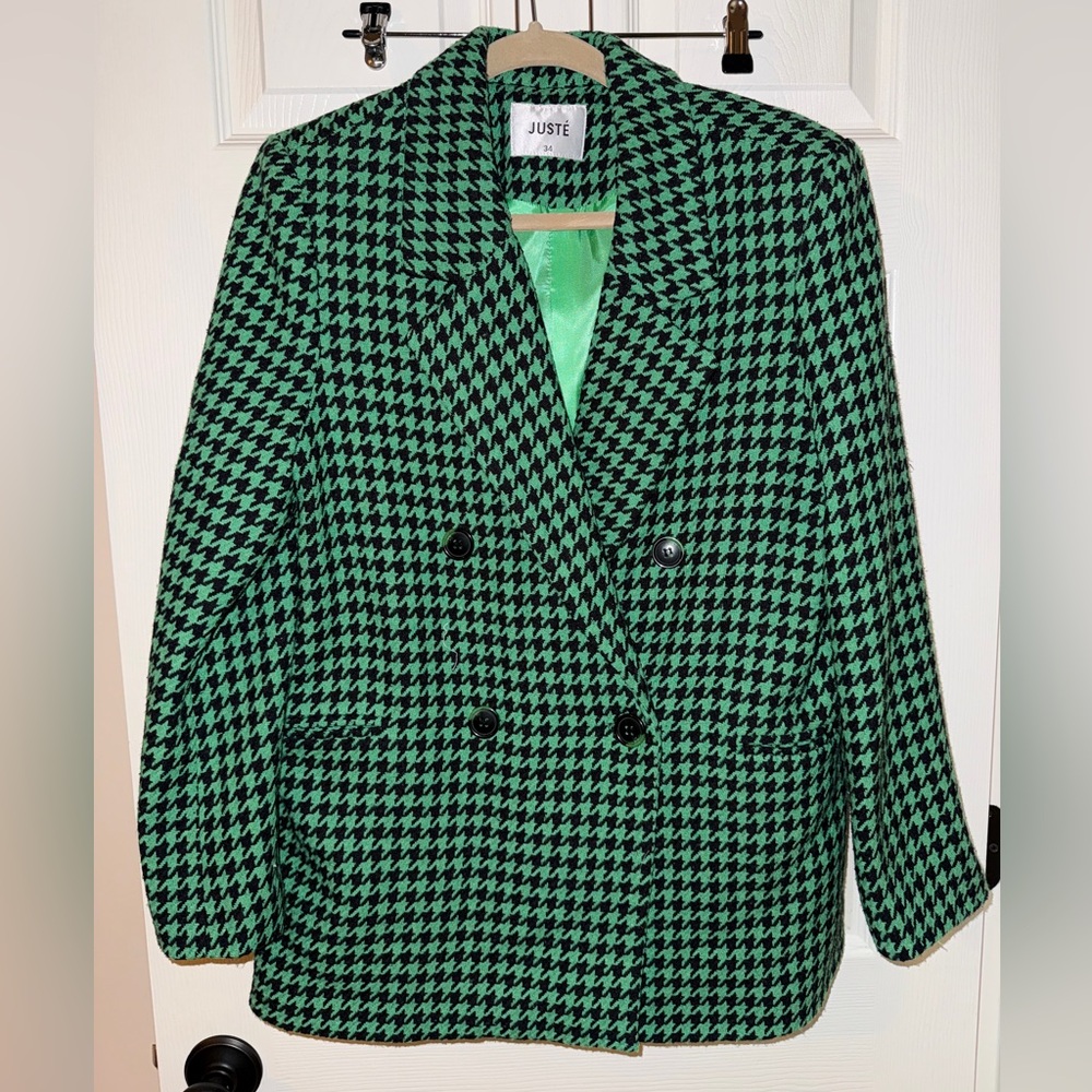 JUSTE Houndstooth Pattern Double-Breasted Green O… - image 2